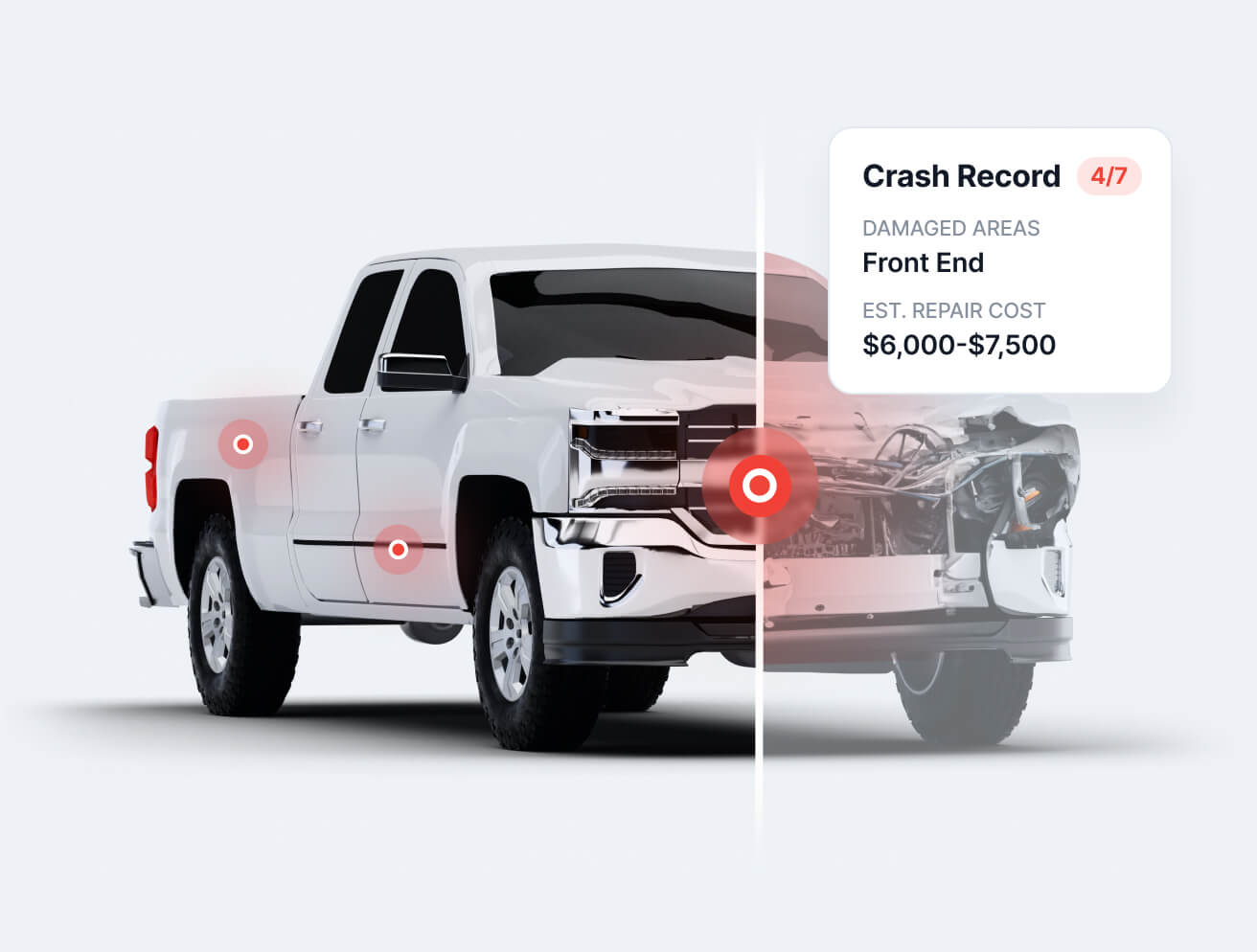 White pickup truck with accident damage points and crash record